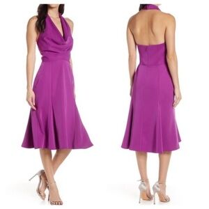 Harlyn purple halter neck with plunge neckline dress.